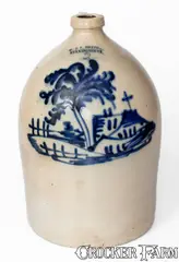 J. & E. Norton, Rare J. & E. NORTON / BENNINGTON, VT. Stoneware Jug w/ Pastoral / Church Scene, circa 1855, Stoneware