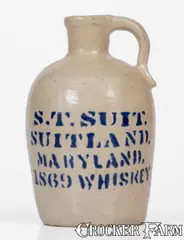 S. T. Suit, Rare Bristol Glazed Jug Stenciled S. T. SUIT / SUITLAND / MARYLAND / 1869 WHISKEY, 1869, Stoneware