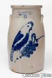 F. B. Norton & Co, F.B. NORTON & CO. / WORCESTER, MASS. Stoneware Churn w/ Parrot Decoration, 1858-1877