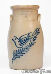 F. B. Norton Sons, F.B. NORTON SONS. / WORCESTER, MASS. Stoneware Churn w/ Cobalt Dove Decoration, circa 1880, Stoneware