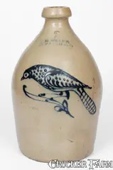 C. W. Braun, Fine 2 Gal. C. W. BRAUN / BUFFALO, NY Stoneware Jug w/ Slip-Trailed Bird Decoration, circa 1870, Stoneware