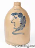 E.W. Farrington & Co., Rare E.W. FARRINGTON & CO. / ELMIRA, N.Y. Stoneware Jug w/ Man-in-the-Moon Decoration, circa 1887-1893, Stoneware