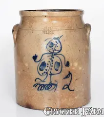 Very Rare HART'S / FULTON, NY Two-Gallon Stoneware Jar w/ Cobalt Figural Decoration by William Hart, circa 1880, Stoneware, sold Jul 2024