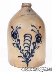 William Roberts, W. ROBERTS / BINGHAMTON Stoneware Jug w/ Bold Slip-Trailed Floral Decoration, circa 1870, Stoneware