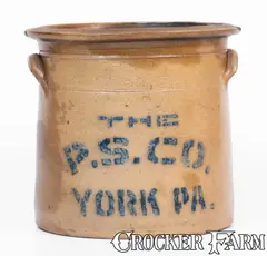 P. S. Co., 2 Gal. Marked and Stenciled Pfaltzgraff Stoneware Crock, "The P. S. CO. / YORK, PA", circa 1894-1906, Stoneware