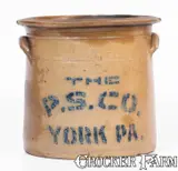 P. S. Co., 2 Gal. Marked and Stenciled Pfaltzgraff Stoneware Crock, "The P. S. CO. / YORK, PA", circa 1894-1906, Stoneware