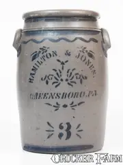 Hamilton & Jones, 3 Gal. HAMILTON & JONES / GREENSBORO, PA Stoneware Jar, circa 1875, Stoneware