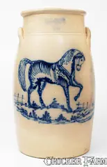 J. & E. Norton, Extraordinary J. & E. NORTON / BENNINGTON, VT Stoneware Churn w/ Elaborate Cobalt Horse Decoration, circa 1855, Stoneware