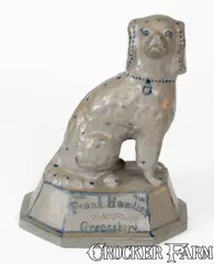 Frank Hamilton, Highly Important "Frank Hamilton / Greensboro, Penna. / Jas. H. Atchison" Stoneware Spaniel Figure, circa 1875, Stoneware