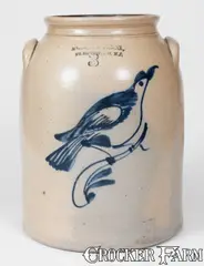 Fulper Bros, 3 Gal. FULPER BROS. / FLEMINGTON, NJ Stoneware Jar w/ Cobalt Bird Decoration, 1881-98, 1881-98, Stoneware