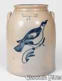 Fulper Bros, 3 Gal. FULPER BROS. / FLEMINGTON, NJ Stoneware Jar w/ Cobalt Bird Decoration, 1881-98, 1881-98, Stoneware