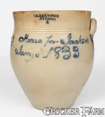 Clark & Fox, Very Rare "Hurra for Jackson / 1833" Stoneware Jar, CLARK & FOX / ATHENS, NY, 1833, Stoneware