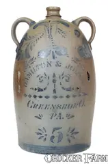 Hamilton & Jones, 5 Gal. HAMILTON & JONES / GREENSBORO, PA Double-Handled Stoneware Jug w/ Freehand Decoration, circa 1875, Stoneware