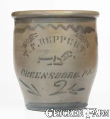 T. F. REPPERT / GREENSBORO, PA Stoneware Cream Jar w/ Stenciled Plough, c1880 by T.F. Reppert, c1880, Stoneware, sold Apr 2024