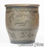 T.F. Reppert, T. F. REPPERT / GREENSBORO, PA Stoneware Cream Jar w/ Stenciled Plough, c1880