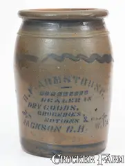 H.F. ARMSTRONG / DEALER IN DRY GOODS, GROCERIES, NOTIONS & C., Jackson Courthouse, WV Stoneware Jar by H.F. Armstrong, circa 1880, Stoneware, sold Apr 2024