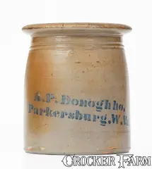Unusual "A. P. Donoghho / Parkersburg, W. VA" Misspelled Stoneware Canning Jar by A. P. Donoghho, circa 1875, Stoneware, sold Apr 2024