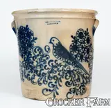 S. D. Kellogg, Exceptional S. D. KELLOGG / WHATELY, Mass. Stoneware Flowerpot w/ Elaborate Mourning Dove and Floral Design, circa 1851-1853, Stoneware