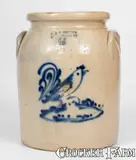 Scarce J. & E. NORTON / BENNINGTON, VT Stoneware Jug w/ Rooster Motif by J. & E. Norton, circa 1855, Stoneware, sold Apr 2024