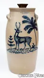 John Burger, Extremely Rare JOHN BURGER / ROCHESTER Stoneware Churn w/ Elaborate Deer and Tree Decoration, circa 1860, Stoneware