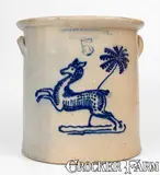Hubbell & Chesebro, Fine HUBBELL & CHESEBRO / GEDDES, N.Y. Five-Gallon Stoneware Crock w/ Prancing Deer, circa 1867-1887, Stoneware