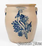 Exceptional 5 Gal. COWDEN & WILCOX / HARRISBURG, PA Stoneware Jar w/ Parrot Decoration by Cowden & Wilcox, circa 1865, Stoneware, sold Apr 2024