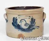 Rare COWDEN & WILCOX / HARRISBURG, PA Stoneware Cake Crock w/ Bird Decoration by Cowden & Wilcox, circa 1865, Stoneware, sold Apr 2024