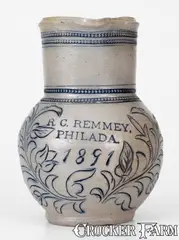 R. C. Remmey, Extremely Rare and Important Small-Sized R. C. REMMEY / PHILADA. Stoneware Pitcher w/ Incised Decoration, 1891, Stoneware