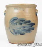 Fine 4 Gal. COWDEN & WILCOX / HARRISBURG, PA Stoneware Jar w/ Large Leaf Decoration by Cowden & Wilcox, circa 1865, Stoneware, sold Apr 2024
