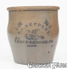 T. F. REPPERT / GREENSBORO, PA Stoneware Jar w/ Stenciled Bird Decoration by T.F. Reppert, circa 1880, Stoneware, sold Apr 2024