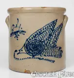 C. W. Braun, Exceptional C. W. BRAUN / BUFFALO, NY 4 Gal. Stoneware Crock w/ Elaborate Slip-Trailed Bird Decoration