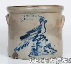 F. T. Wright & Son, Scarce F. T. WRIGHT & SON / TAUNTON, MASS. Stoneware Crock w/ Bird-on-Stump Decoration, circa 1875, Stoneware