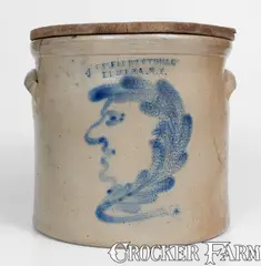 E. W. Farrington, Rare E. W. FARRINGTON / ELMIRA, N.Y. Stoneware Crock w/ Man-in-the-Moon Motif, circa 1887-1893, Stoneware
