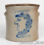 E. W. Farrington, Rare E. W. FARRINGTON / ELMIRA, N.Y. Stoneware Crock w/ Man-in-the-Moon Motif, circa 1887-1893, Stoneware