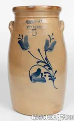 M. Woodruff, 5 Gal. M. WOODRUFF / CORTLAND Stoneware Churn w/ Floral Decoration, circa 1867-1869, Stoneware