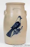 E & L P Norton, 5 Gal. E. & L. P. NORTON / BENNINGTON, VT Stoneware Churn w Elaborate Bird Design