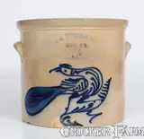 N.A. White & Son, Rare N. A. WHITE & SON / UTICA, NY Stoneware Crock w/ Elaborate Paddletail Bird Decoration, circa 1885, Stoneware