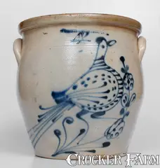 William Roberts, 4 Gal. W. ROBERTS / BINGHAMTON, NY Stoneware Jar w/ Elaborate Slip-Trailed Bird Design, circa 1870, Stoneware