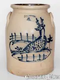 Fine 4 Gal. J. & E. NORTON / BENNINGTON, VT Stoneware Jar w/ Elaborate Reclining Deer Decoration by J. & E. Norton, circa 1855, Stoneware, sold Nov 2023