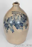 Fine COWDEN & WILCOX / HARRISBURG, PA 3 Gal. Stoneware Jug w/ Elaborate Floral Decoration by Cowden & Wilcox, circa 1865, Stoneware, sold Nov 2023