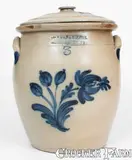 3 Gal. COWDEN & WILCOX / HARRISBURG, PA Stoneware Jar w/ Bold Floral Decoration by Cowden & Wilcox, circa 1865, Stoneware, sold Nov 2023