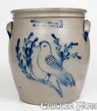 3 Gal. COWDEN & WILCOX / HARRISBURG, PA Stoneware Bird Jar by Cowden & Wilcox, circa 1865, Stoneware, sold Nov 2023