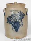 2 Gal. COWDEN & WILCOX / HARRISBURG, PA Stoneware Lidded Jar w/ Grapes Decoration by Cowden & Wilcox, circa 1865, Stoneware, sold Nov 2023