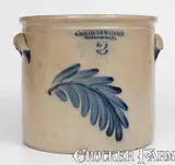 2 Gal. COWDEN & WILCOX / HARRISBURG, PA Stoneware Crock w/ Leaf Decoration by Cowden & Wilcox, circa 1865, Stoneware, sold Nov 2023