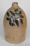 Fine COWDEN & WILCOX. / HARRISBURG, PA Four-Gallon Stoneware Jug w/ Elaborate Decoration by Cowden & Wilcox, circa 1865, Stoneware, sold Nov 2023