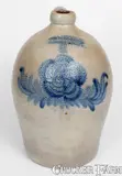 2 Gal. COWDEN & WILCOX / HARRISBURG, PA Stoneware Jug w/ Floral Decoration by Cowden & Wilcox, circa 1865, Stoneware, sold Nov 2023
