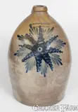 4 Gal. COWDEN & WILCOX / HARRISBURG, PA Stoneware Jug w/ Elaborate Star-Shaped Floral Decoration by Cowden & Wilcox, circa 1865, Stoneware, sold Nov 2023
