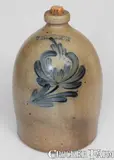 2 Gal. COWDEN & WILCOX / HARRISBURG, PA Stoneware Jug w/ Floral Decoration by Cowden & Wilcox, circa 1865, Stoneware, sold Nov 2023