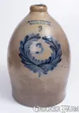 3 Gal. COWDEN & WILCOX / HARRISBURG, PA Stoneware Jug w/ Wreath Decoration by Cowden & Wilcox, circa 1865, Stoneware, sold Nov 2023