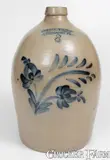 3 Gal. COWDEN & WILCOX / HARRISBURG, PA Stoneware Jug w/ Floral Decoration by Cowden & Wilcox, circa 1865, Stoneware, sold Nov 2023